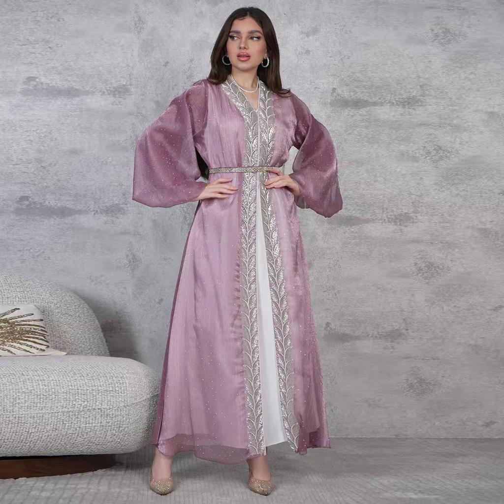 AB453 Puff Sleeve Cardigan: Elegant Long Dress & Robe Set with Hot Drill Accents