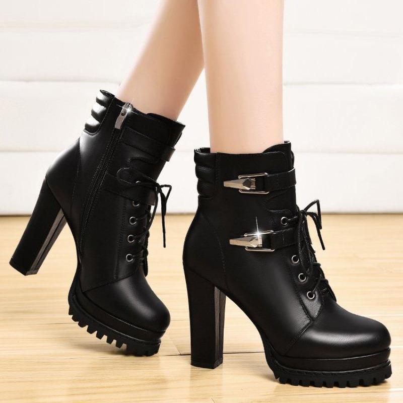 Boots Women's Thick Heel Short Boots Autumn and Winter British Style High Heel Women's Shoes with Velvet Lace Up Women's Boot Trend