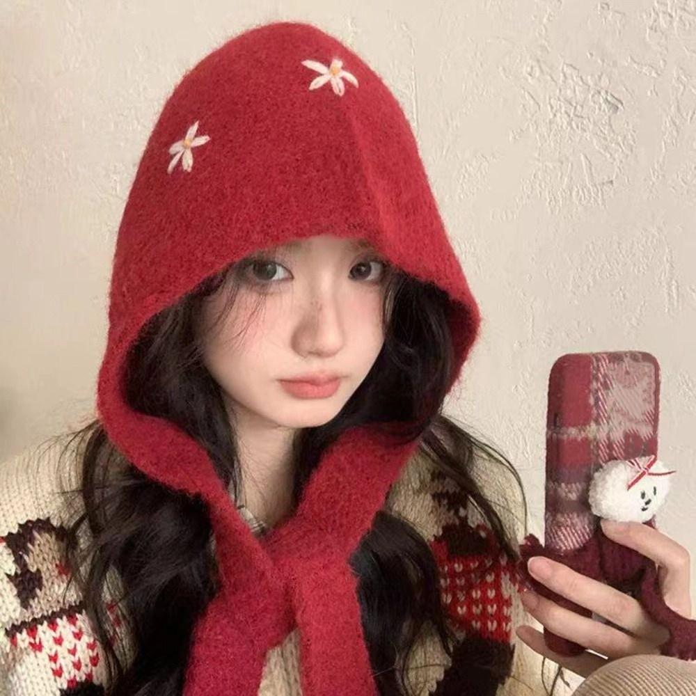 Sweet Knitted Balaclava Hat Embroidered Flowers Pullover Cap Casual Neck Collar Beanies Cap Girls