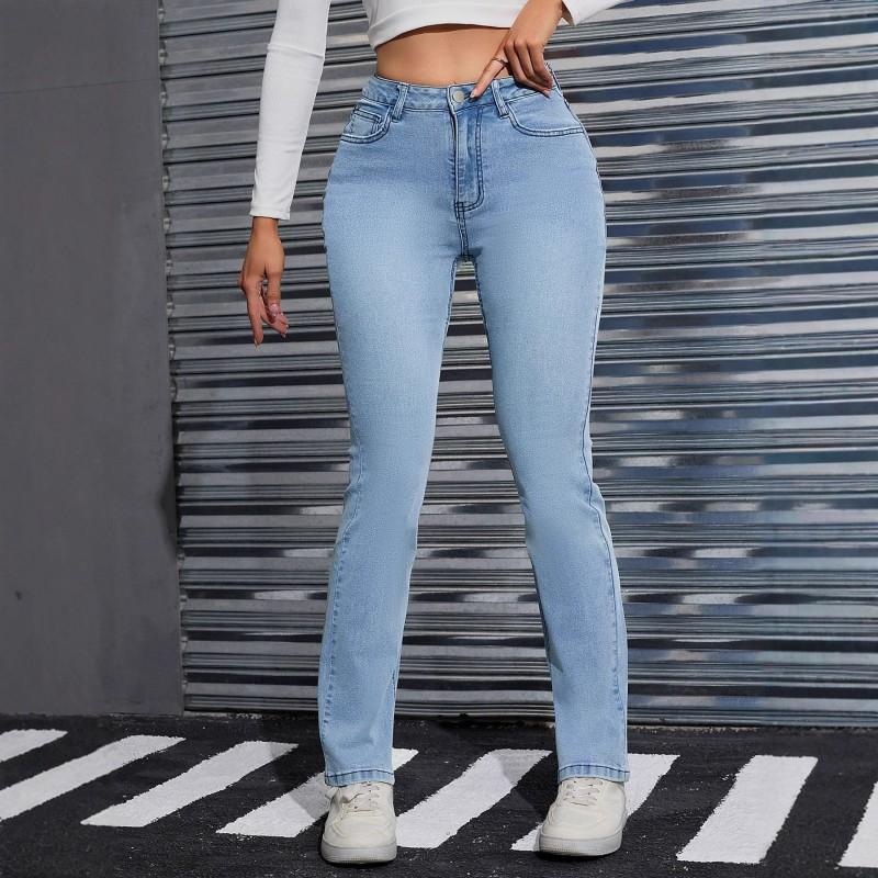 Women s Jeans Stretch Slim-fitting Straight Pants Simple Design All-matching Light Blue Denim 2XL светло-синий