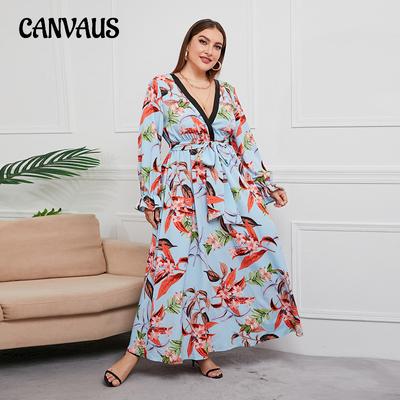 Spring and Autumn Women's Dress Plus Size Temperament Large Swing Long V-Neck Botanical Flower Printed Skirt