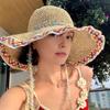 Women Handmade Straw Hat Embroidered Floral Chin Strap Sun Protection Hat Wide Brim Summer Beach Travel Hat