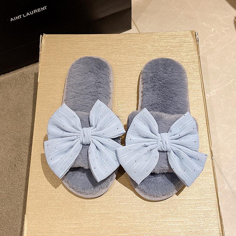 

Хлопковые домашние тапочки, пушистые, теплые, комнатные, плюшевые, с открытой пяткой, с бантом, хлопковые тапочки 41 сине серый