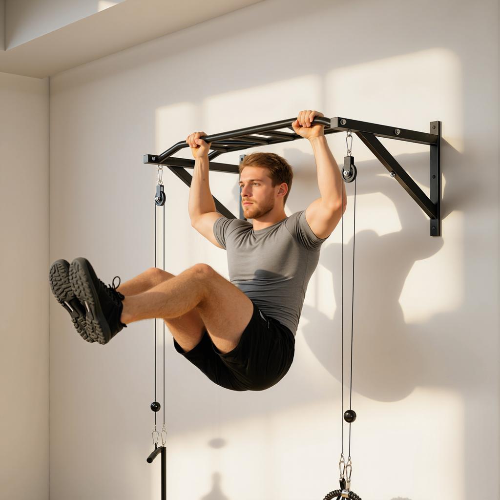 Wall-Mounted Pull-Up Bar Multi-Grip Fitness Bar with Cable Pulley System, 200kg Load, Steel 126x60x45.5cm, Black