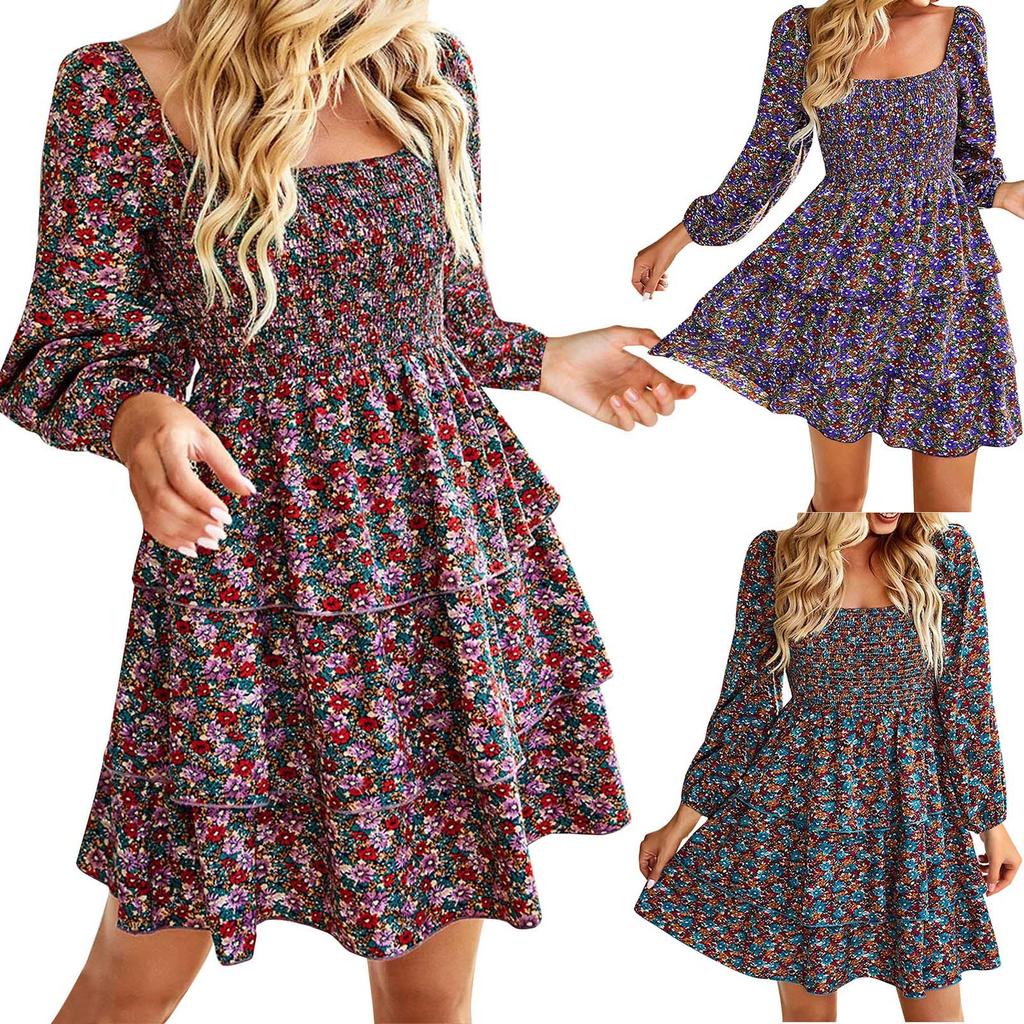 Women's Fashion Casual Print Temperament French Square Collar Long Sleeve Dress