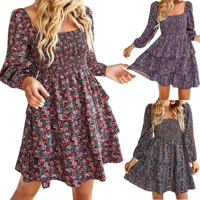 Women's Fashion Casual Print Temperament French Square Collar Long Sleeve Dress