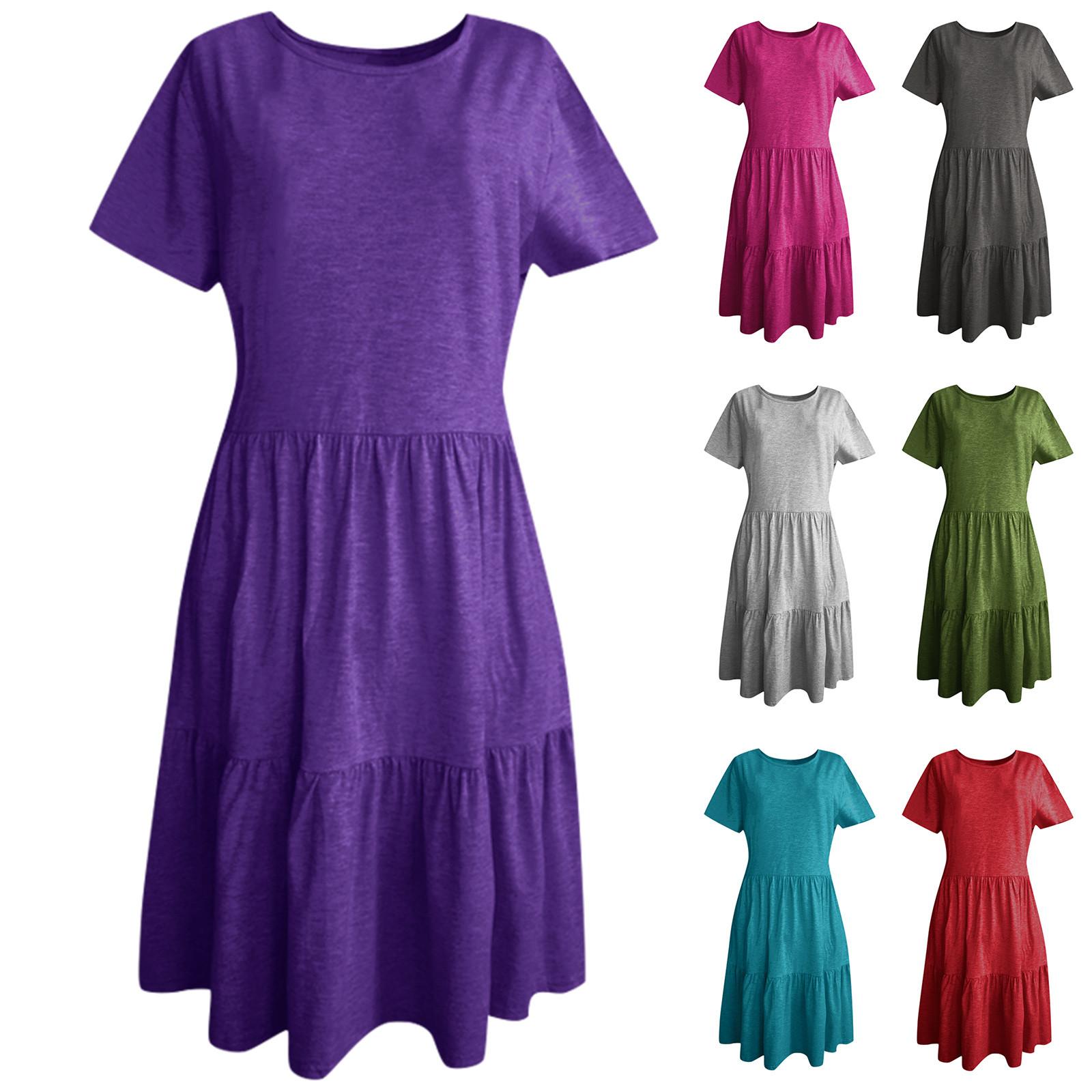 

Женское многоуровневое платье с коротким рукавом с круглым вырезом и эластичной талией летнее женское однотонное платье длиной до колена