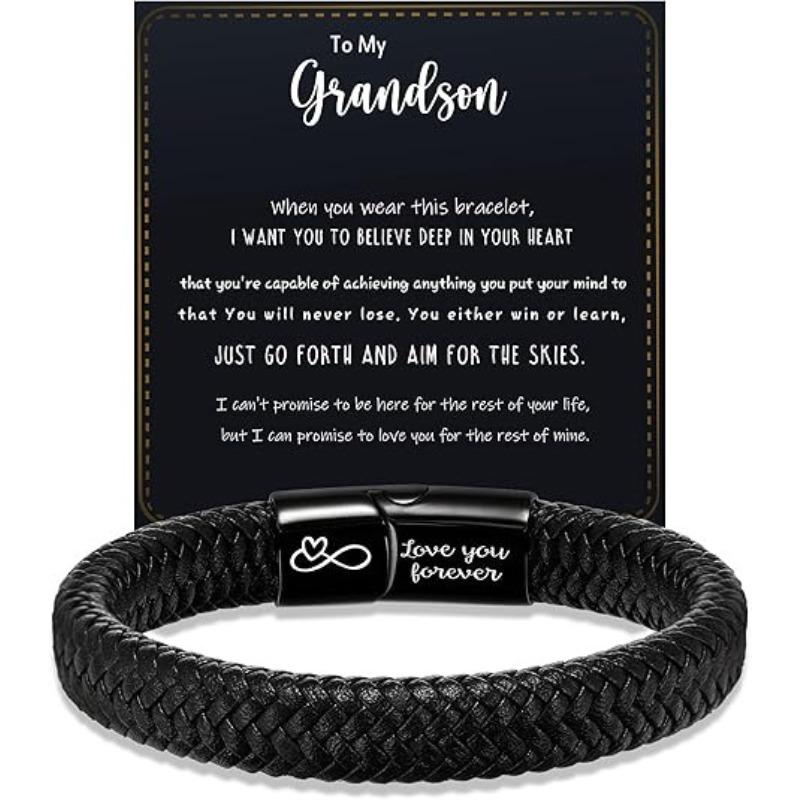 Magnetic Stainless Steel Leather Bracelet, Hand-woven for Men, with Personal Message Engraved on It
