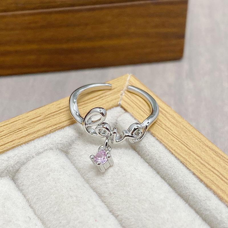 Qixi Festival Sweet Letter Love Pink Diamond Zir*****Pen Ring Niche Simple Stacking Temperament Fashion Ring