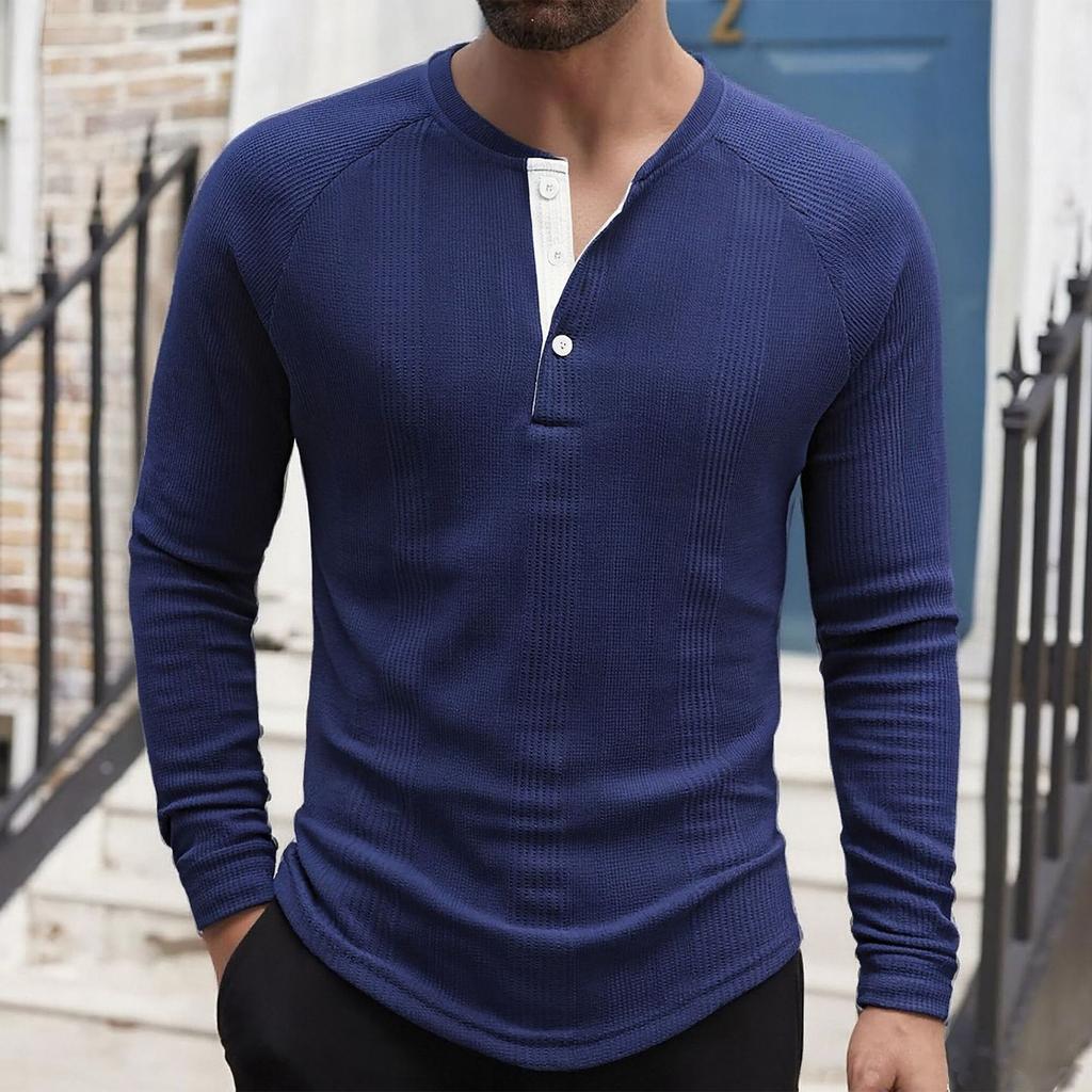 Herren Einfarbig Gerippt Texturiert Knopfleiste Rundhals Langarm Top