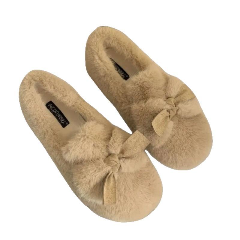 Winter fluffy shoes women's bow new velvet thickened beanie shoes fairy wind warm cotton shoes