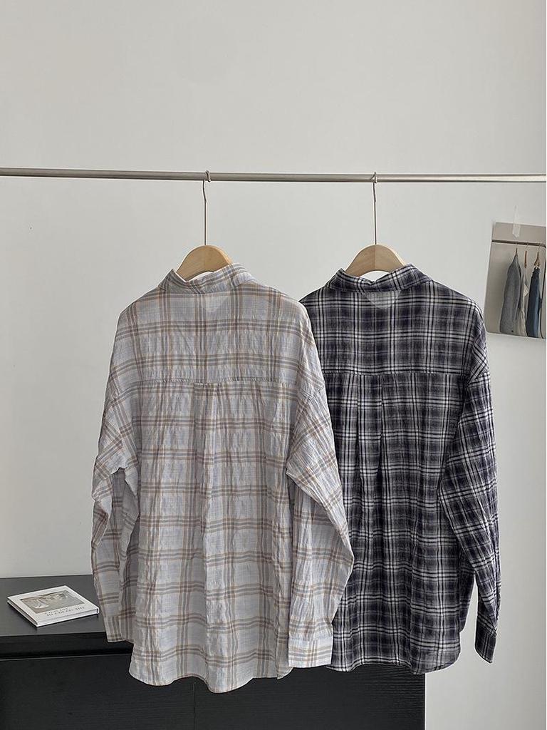 Korean Style Plaid Lapel Shirt: Trendy Loose Fit, Meat-Covering, Long-Sleeve Top for Women.