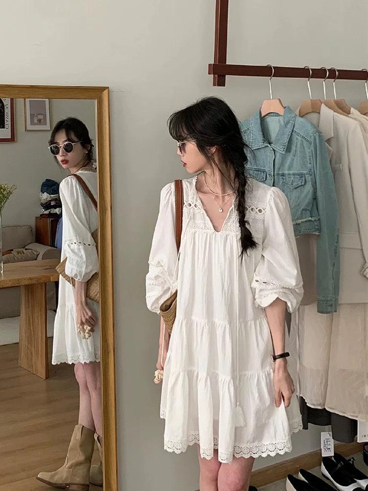 Ethnic style hollow French splicing long-sleeved dress summer bohemian loose A-word short skirt fresh