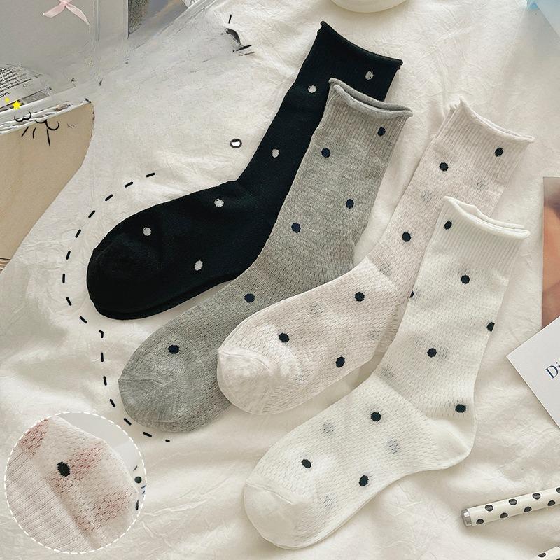 

Grey Dui Dui Socks, Women s Summer Thin Cotton Socks, Mid-calf Socks, Polka Dot Mesh Breathable, Rolled-up Summer Ballet Long Socks 1 pair