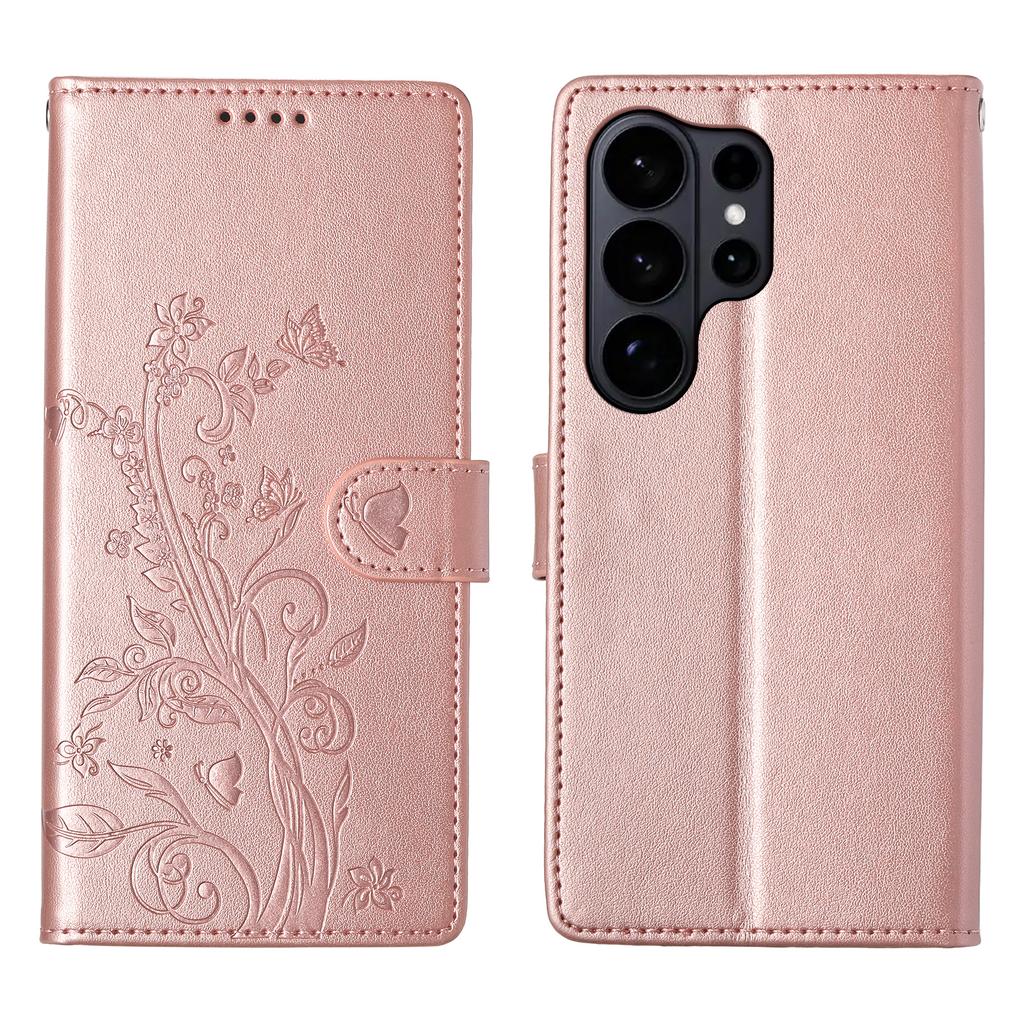 For Samsung Galaxy S26 Ultra Wallet Case Butterfly Floral Imprint PU Leather Phone Cover with Wrist Strap