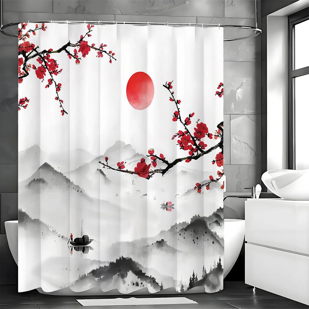 Chinese Ink Painting Landscape Plum Blossom Asian Shower Curtain, Bathroom Decorative Shower Curtain, Waterproof Shower Curtain