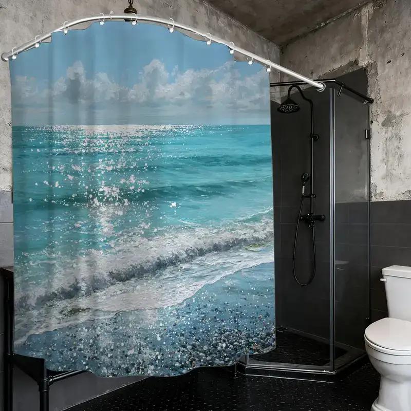 Pandara Jewelry Ocean Beach Scenic Shower Curtain – Realistic Coastal View, Waves & Pebbles, 12 Hooks, 70.87×70.87 Waterproof Bath Decor