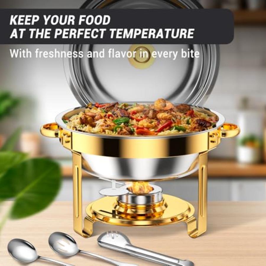Round Chafing Dishes for Buffet 5 Qt High Grade Chafing Dish Buffet Set Full Size Pan Rolled-Edge Design Food Warmers for Parti