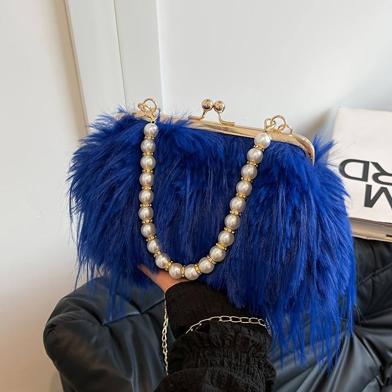 Geantă Satchel Elegantă din Blană Artificială cu Mâner de Perle Geantă de Seară Pufoasă și Moale Portofel de Damă la Modă Geantă de Mână Culoare Solidă cu Închidere Tip Kiss