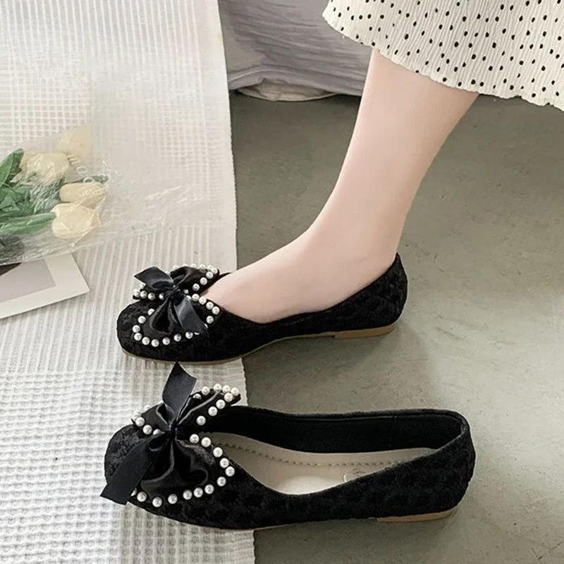 Fashion Pearl Woman Flats with Bow Shoes for Women 2025 Trend Elegant and Fashionable Popular Young Luxury Brand Spring On Sale Summer