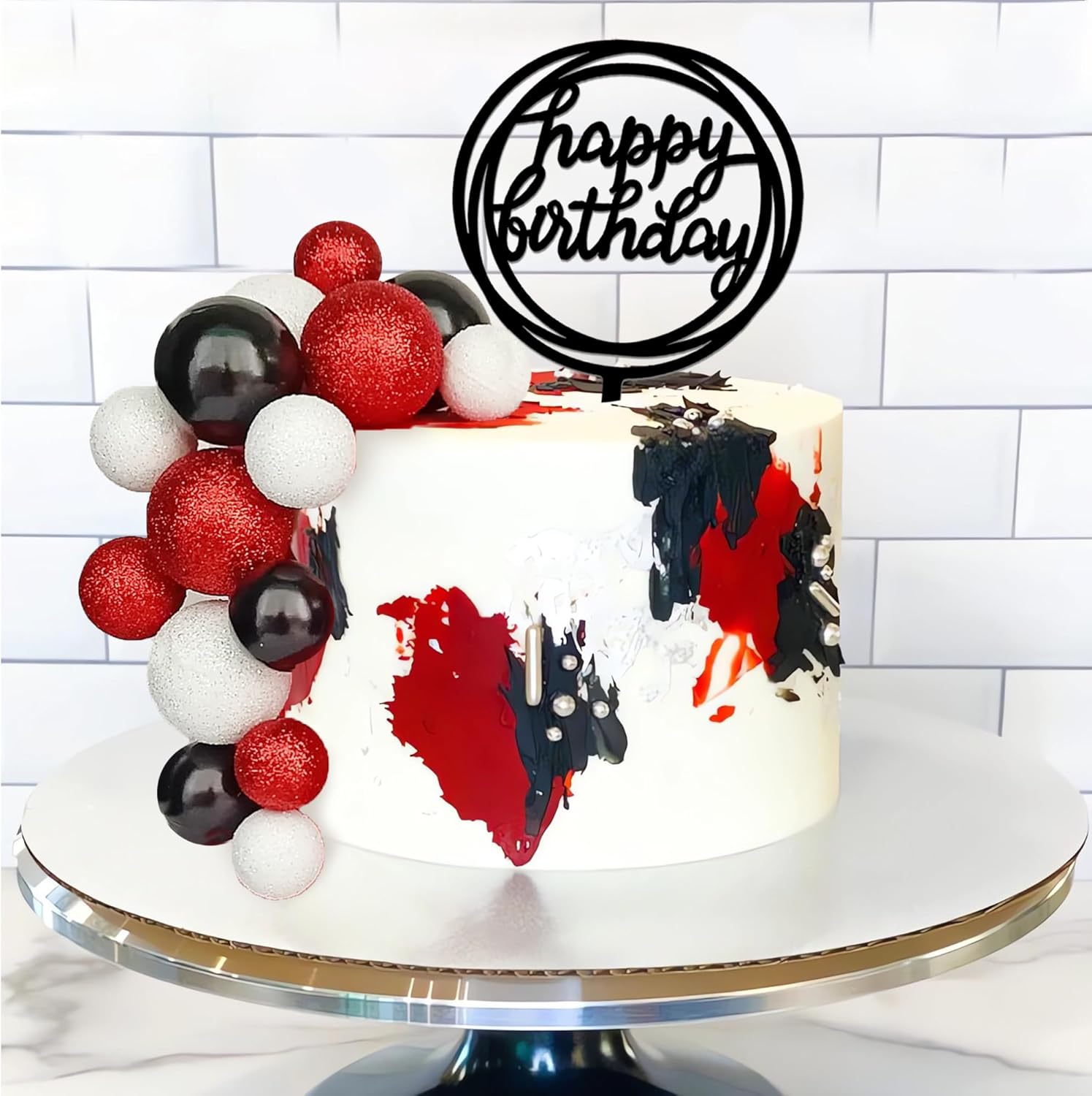 

Black Red White Ball Cake Toppers Boho Cake Decorations for Baby Shower Girl Happy Birthday Party Mouse Cake Decoration Supplies