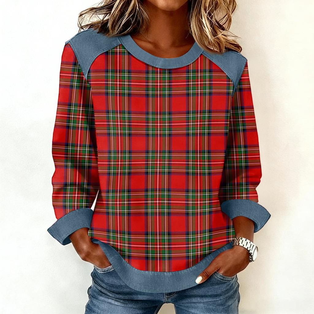 Women Denim Collar Patchwork Stitching Sweatshirt Casual  Pullover Long Sleeve Shirts