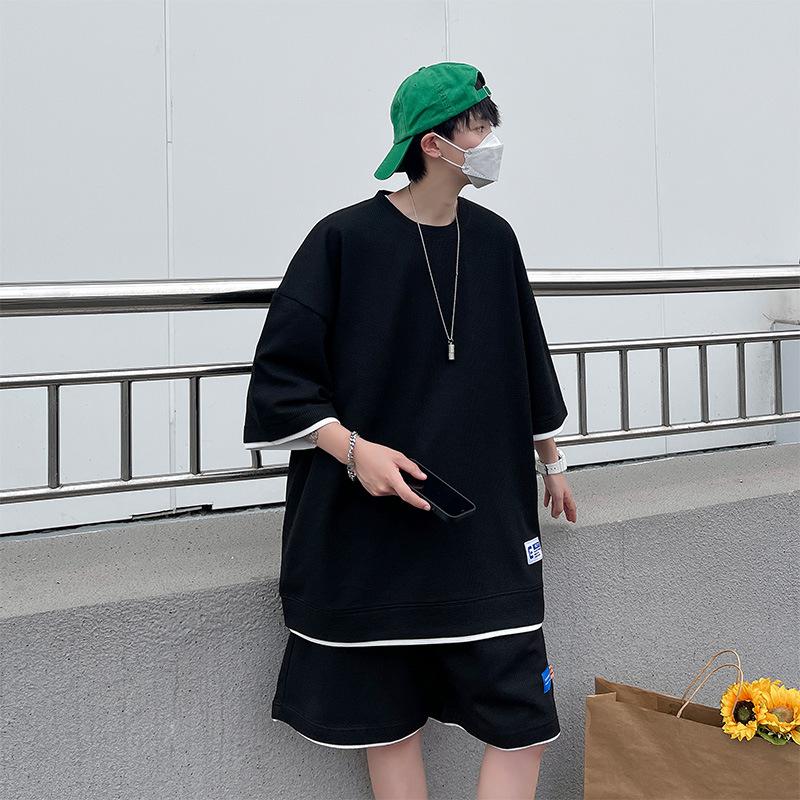 Waffle Suit Men's Summer Short-sleeved Fashion Loose T-shirt Shorts Casual Sports Suit