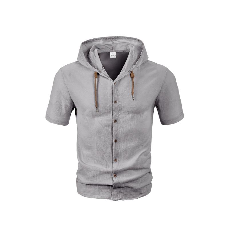 Men's Solid Color Cotton and Linen Cardigan Trendy and Versatile Loose Casual Short-sleeved Men's Shirt Hoodie