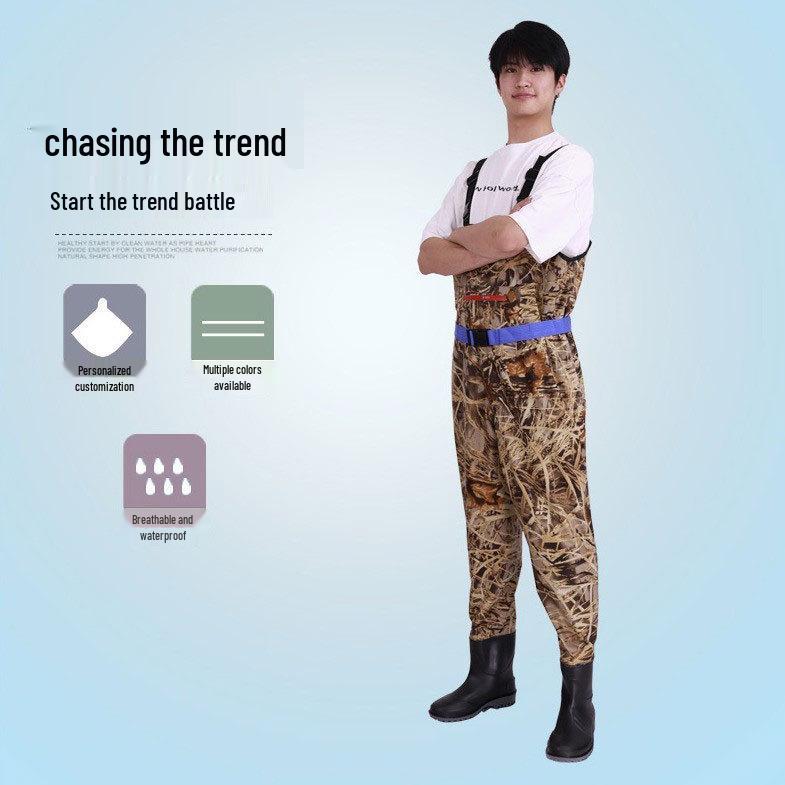 Men's Waterproof Fishing Gear: Rain Pants with Boots, Half-Body Suit, Leather Fork, Full-Body Water Shoes.