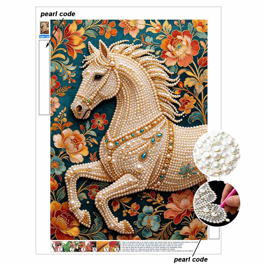 Pearl Painting 5D DIY White Horse Pearl Gemstone Art Diamond Painting Kit for Adults/Beginners Gift Ideas Home Decor Wall Art Craft
