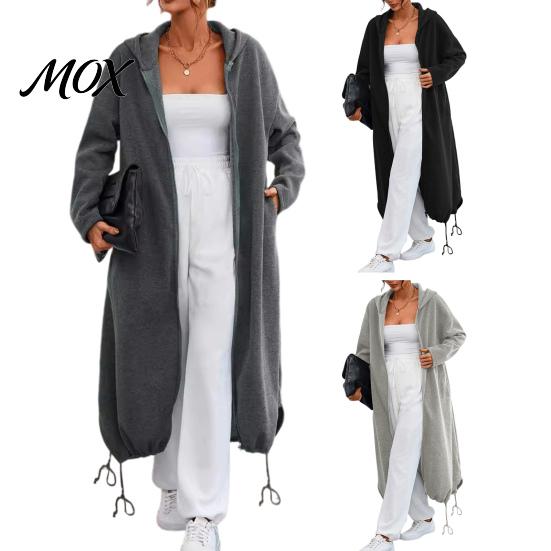 Women Outdoor Coats Long Hooded Jacket for Fall Winter, Loose Oversized Casual Autumn Zip-Up Outerwear Coat, Solid Color Tunic Hoodie Top with Pockets