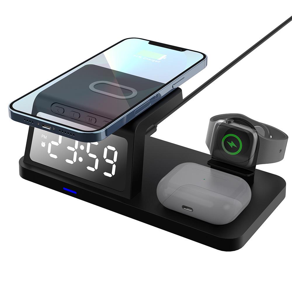 4-in-1 Wireless Charger: Desktop Clock, 15W Fast Charging for Earphones, Watch, and Phone