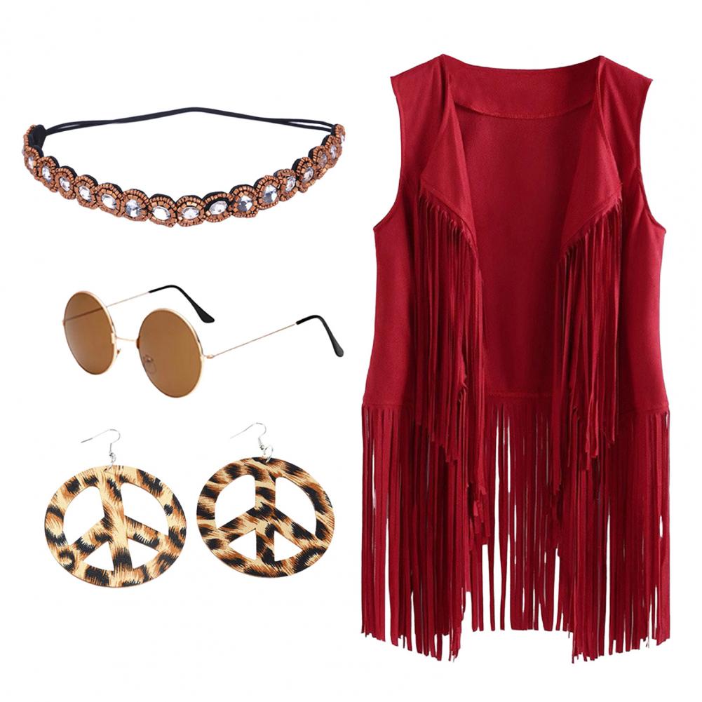 5 Pcs/Set Women Vest with Headband Sunglasses Necklace And Earrings Tassel Cardigan Waistcoat Retro 60s 70s Dance Party Disco Co
