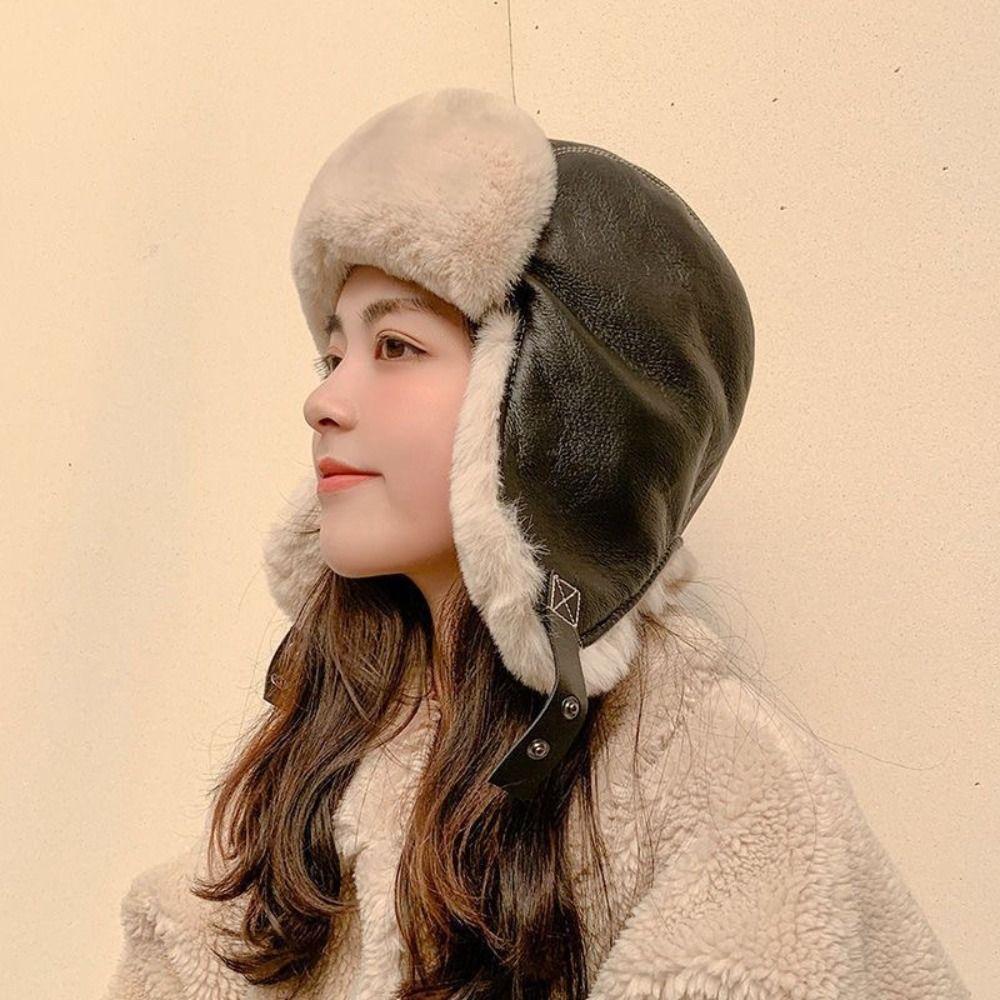 Windproof Warm Ski Hat Pu Leather Cycling Lei Feng Hat Casual Winter Pilot Hat  Skiing