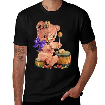 Pink Bear Playing Drums Vintage Kitsch Transfer Tshirt Urban Style Casual Short Sleeve Top