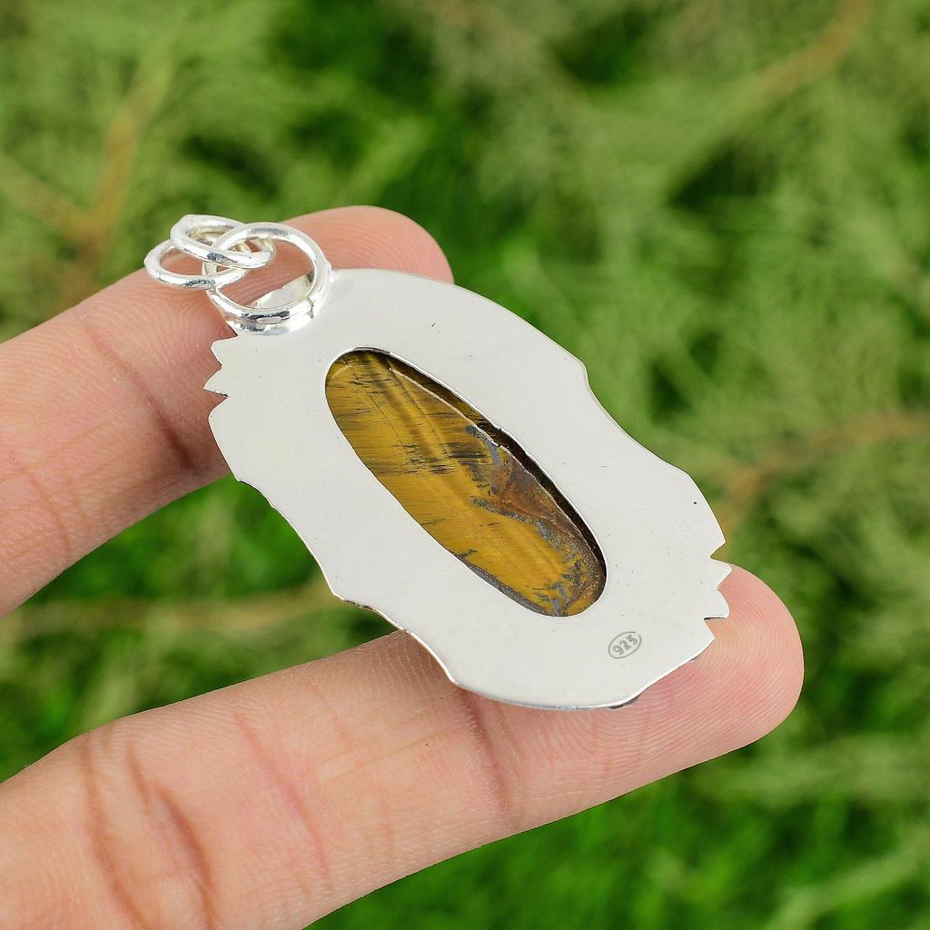 Daughters Day Sale Natural Tiger's Eye 925 Silver Engagement Artisan New Pendant