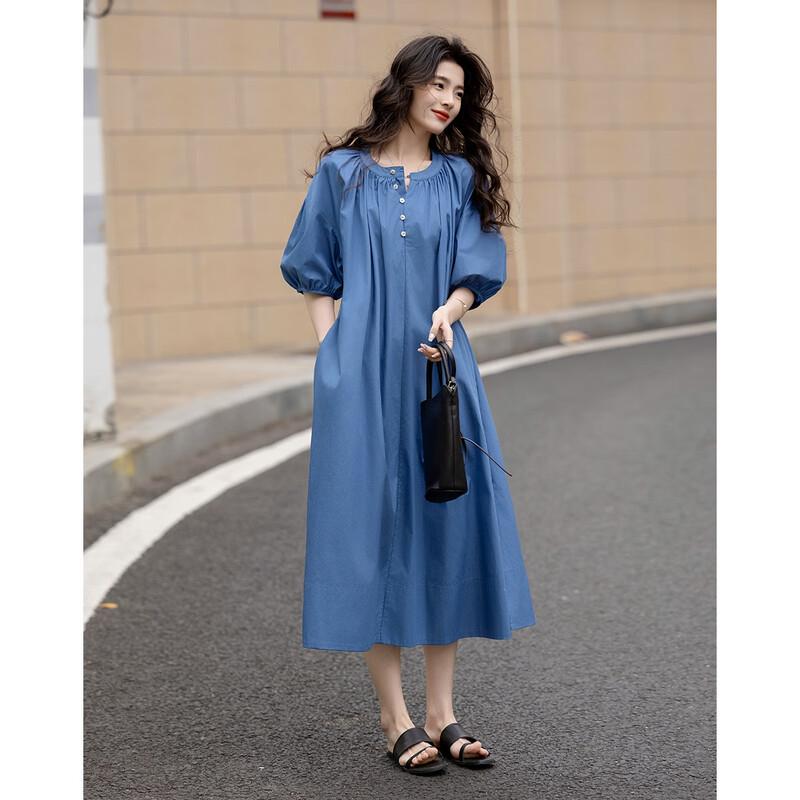 Demana Sommer Lockere Passform Reines Baumwoll-Puffärmel Mittellanges Kleid