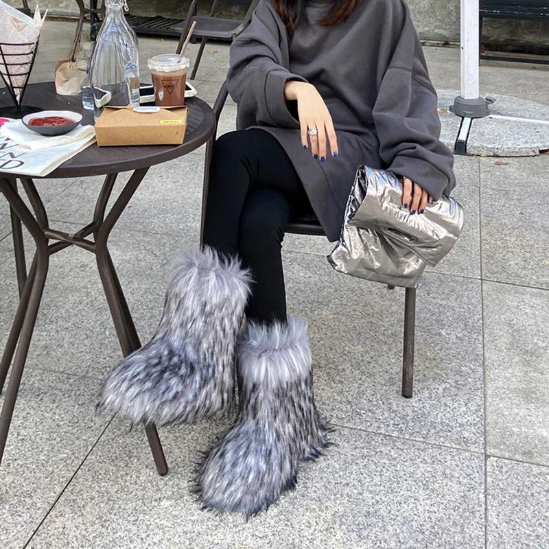 Women Winter Faux Fur Boots Woman Fluffy Plush Warm Snow Boots Luxury Footwear Girls Furry Fur Bottes Fashion Winter Shoe