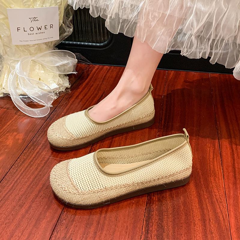 Straw Fisherman Shoes Women's 2025 New Summer Hollow Mesh Shoes One Pedal Maternity Shoes Breathable Shallow Mouth Single Shoes Mother