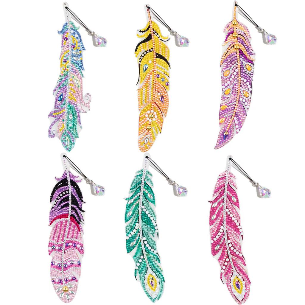 R-MSQ015-037 New Arrival 6pcs Feather Diamond Painting Bookmarks Resinstone Bookmark Pendant