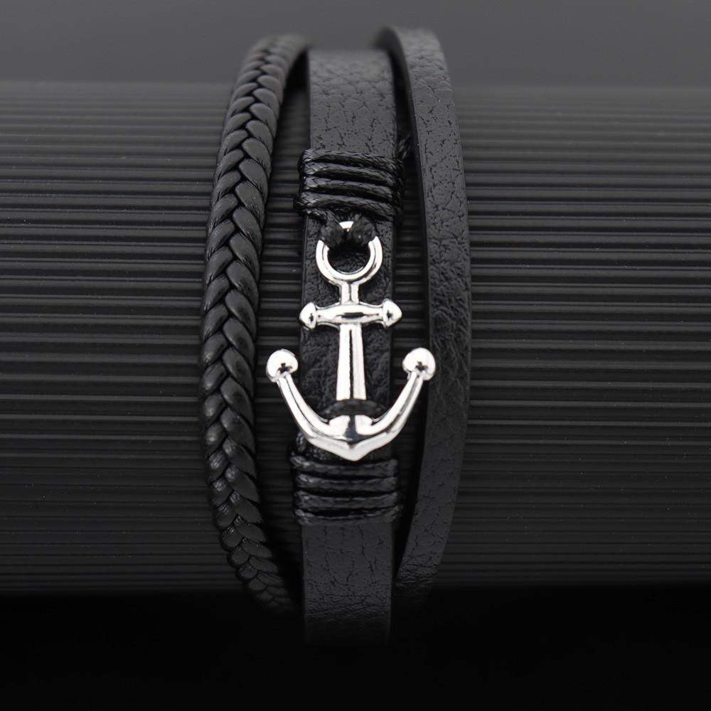 Handmade Leather Bracelet for Men Woven Metal Steel Boat Anchor Bracelet Fashion National Style Jewelry