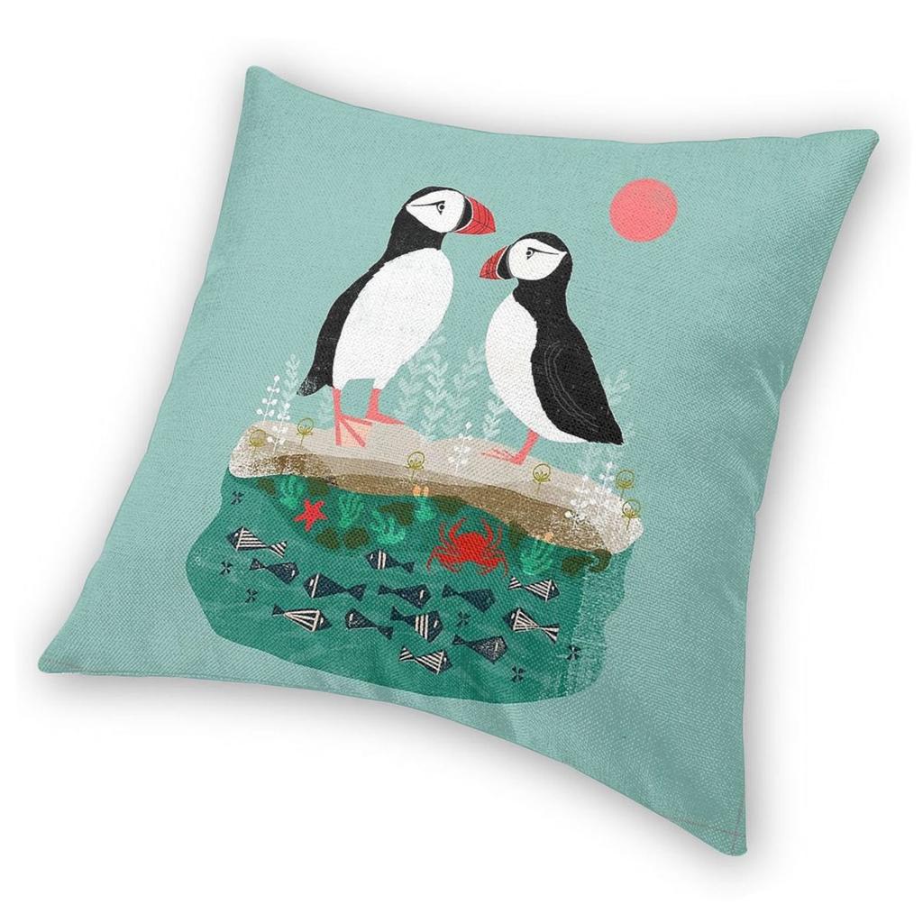 Puffins Pair Ocean Sea Life Square Pillowcase Polyester Linen Velvet Pattern Zip Decorative Sofa Cushion Cover