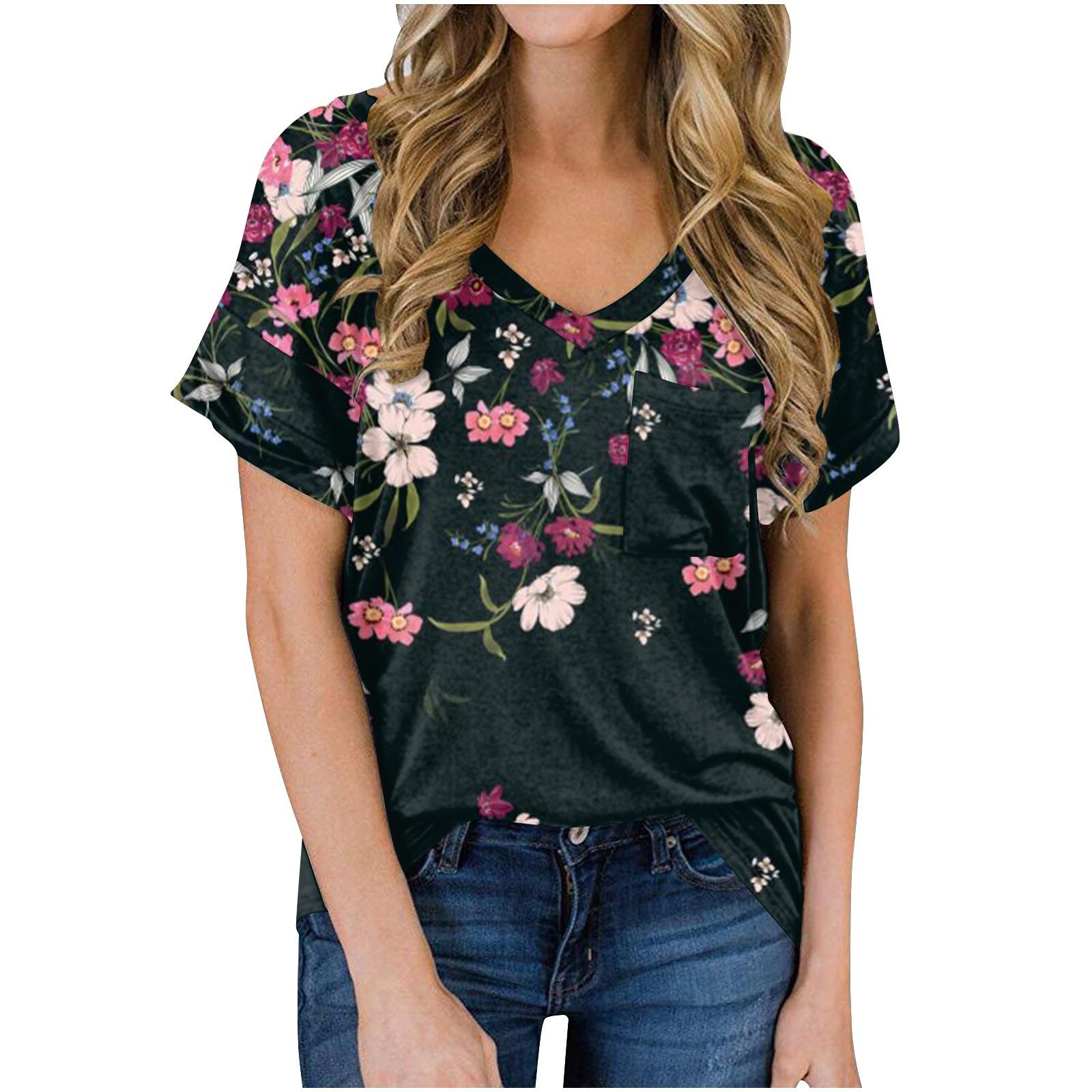 

(SU)Модная женская повседневная футболка с коротким рукавом и v-образным вырезом с цветочным принтом, топ