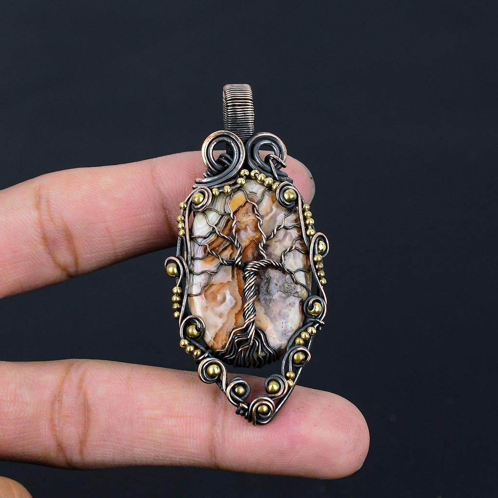 Tree Of Life Crazy Lace Agate Gemstone Pure Copper Wire Wrapped Handmade Pendant Jewelry