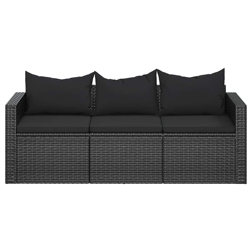 Vidaxl 3-Seater Garden Sofa With Cushions, Black, Poly Rattan