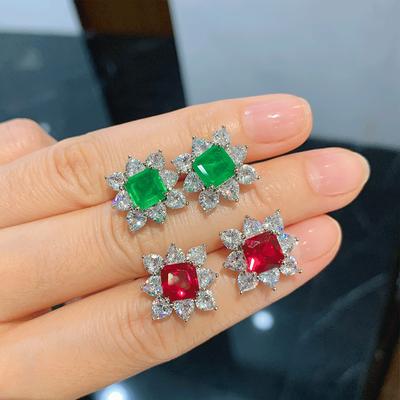 Moda, Brincos de pino de tesouro vermelho sangue de pombo imitação femininos, anel de diamante de simulação de esmeralda de renda socialite