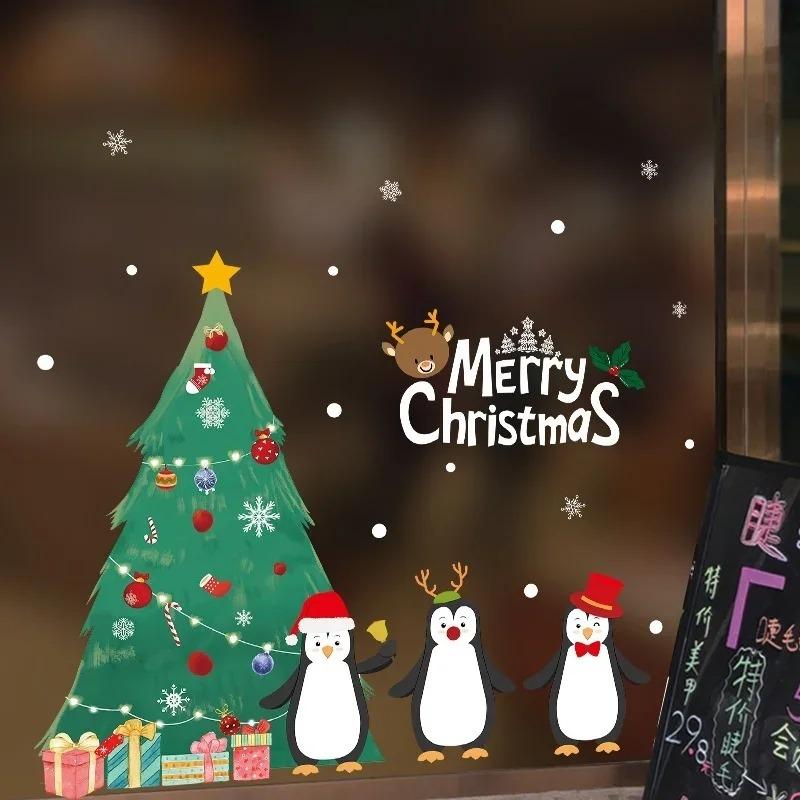 Christmas Decoration Penguin Sleigh Cartoon Elk Snowman Door Sticker Window Glass Wall Sticker