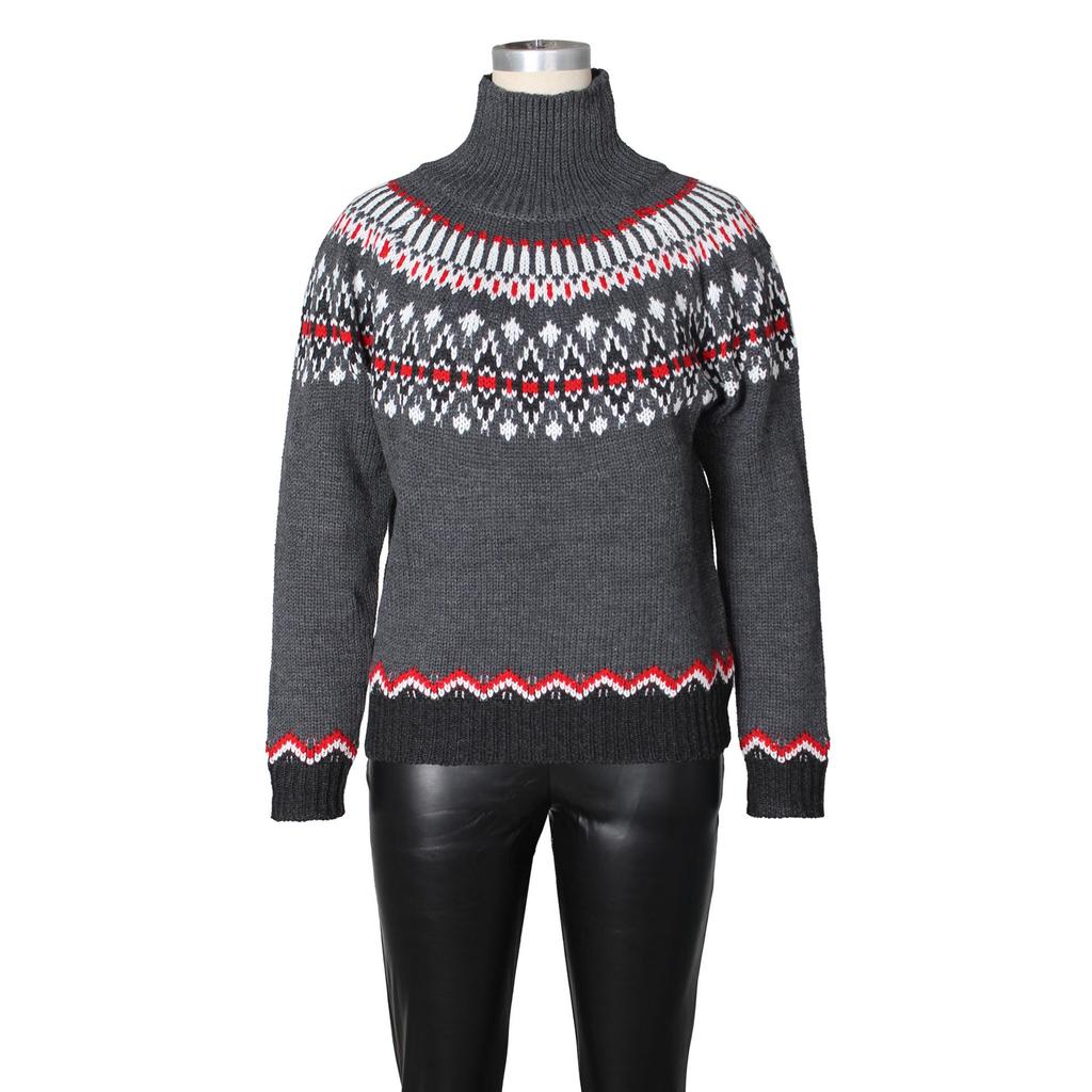 Women's Blue Retro Fair Isle High Neck Wool Sweater