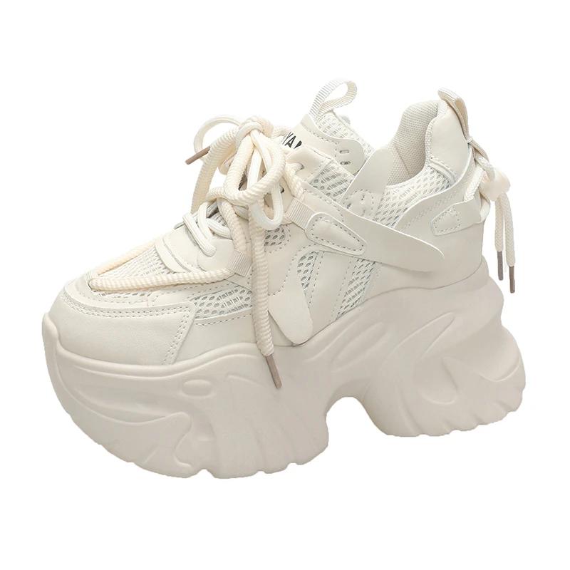 Fashion 9.5cm Autumn Spring Chunky Sneakers Women Lace Up Non-slip Platform Sports Shoes Thick Bottom Shoes Female Heels Casual Sneakers
