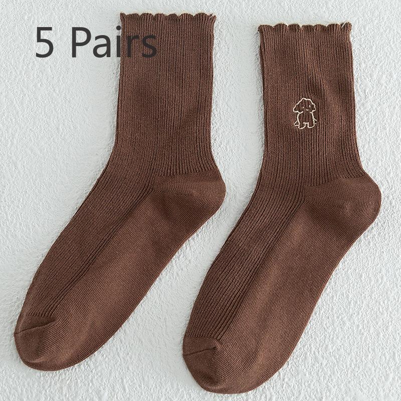 5 Pairs of Women's Autumn and Winter Lace Preppy Cute Cartoon Wooden Ear Edge Cotton Tube Pile Socks